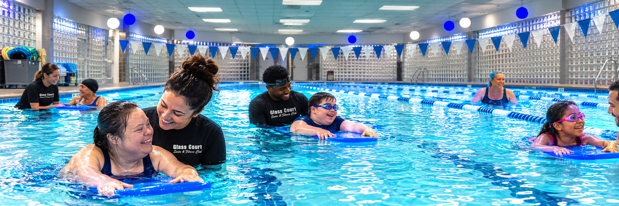 A young swimmer working one-on-one with a Glass Court instructor